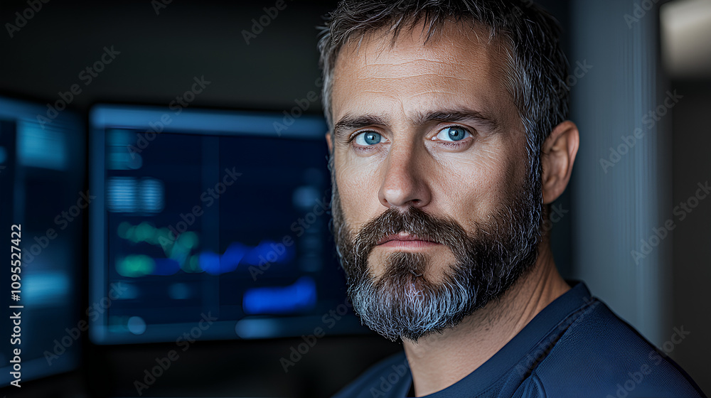 Outdoor Photo of Businessman Trader Working Behind Three Monitors in Office Outdoor Photo of Businessman Trader Working Behind Three Monitors in Office