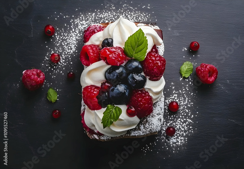 Beautifully plated single meringue dessert topped with a variety of fresh berries and mint leaves on a black slate surface, perfect for gourmet food photography.