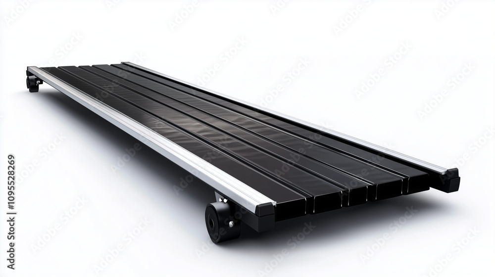Isolated on white, a compact metal ramp with anti-slip grooves, designed for elderly access, folding neatly for easy storage in home spaces. Isolated on white, a compact metal ramp with anti-slip grooves, designed for elderly access, folding neatly for easy storage in home spaces.