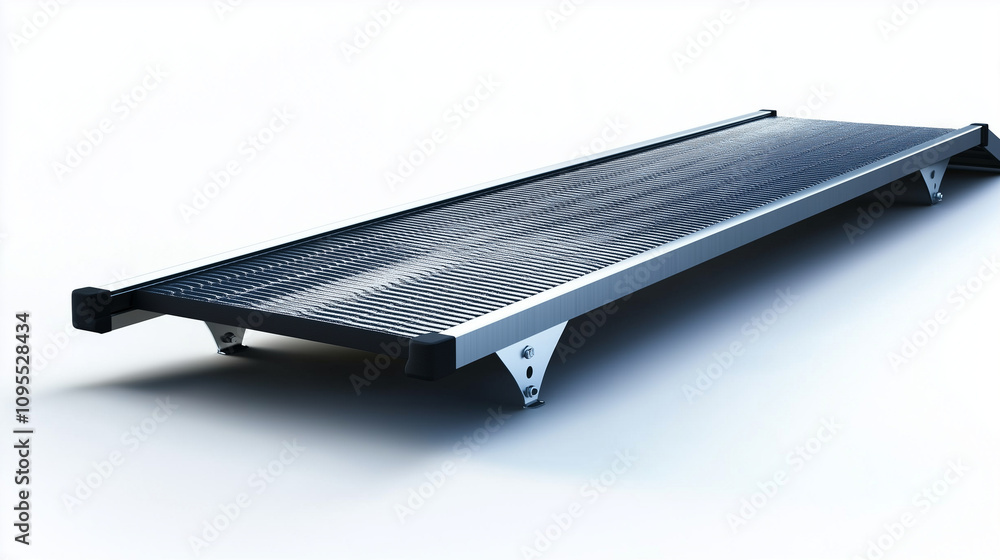 A compact metal ramp with a gentle incline and textured anti-slip surface, designed for residential entryways, shown isolated on white. A compact metal ramp with a gentle incline and textured anti-slip surface, designed for residential entryways, shown isolated on white.