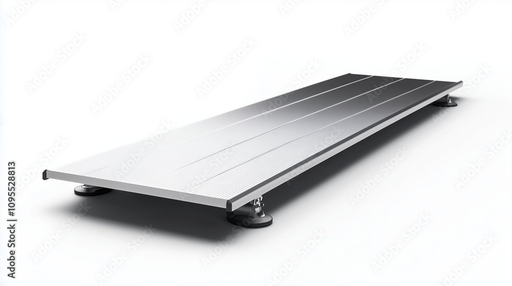 Portable threshold ramp made of lightweight metal with a textured finish, designed for small steps or thresholds, isolated on a clean white background. Portable threshold ramp made of lightweight metal with a textured finish, designed for small steps or thresholds, isolated on a clean white background.