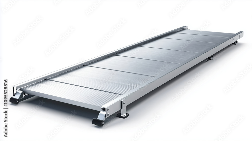 Isolated on white, a foldable metal ramp with anti-skid features, suitable for residential wheelchair or elderly access at doorways. Isolated on white, a foldable metal ramp with anti-skid features, suitable for residential wheelchair or elderly access at doorways.