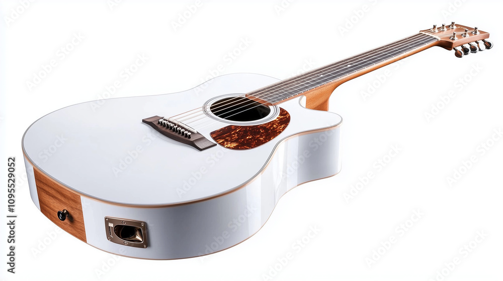 Close-up of a white acoustic guitar with wood grain visible on the neck and tuning pegs, isolated on white for emphasis on craftsmanship. Close-up of a white acoustic guitar with wood grain visible on the neck and tuning pegs, isolated on white for emphasis on craftsmanship.