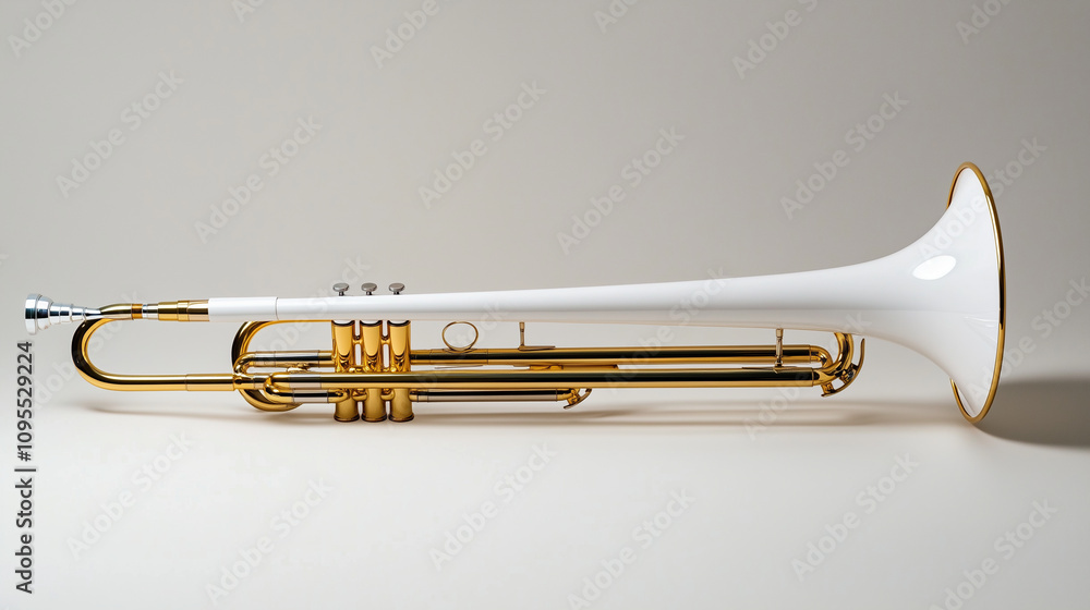 Obraz premium A shiny white trombone, sleek and polished, isolated on a white background with details of its brass tubing emphasized.