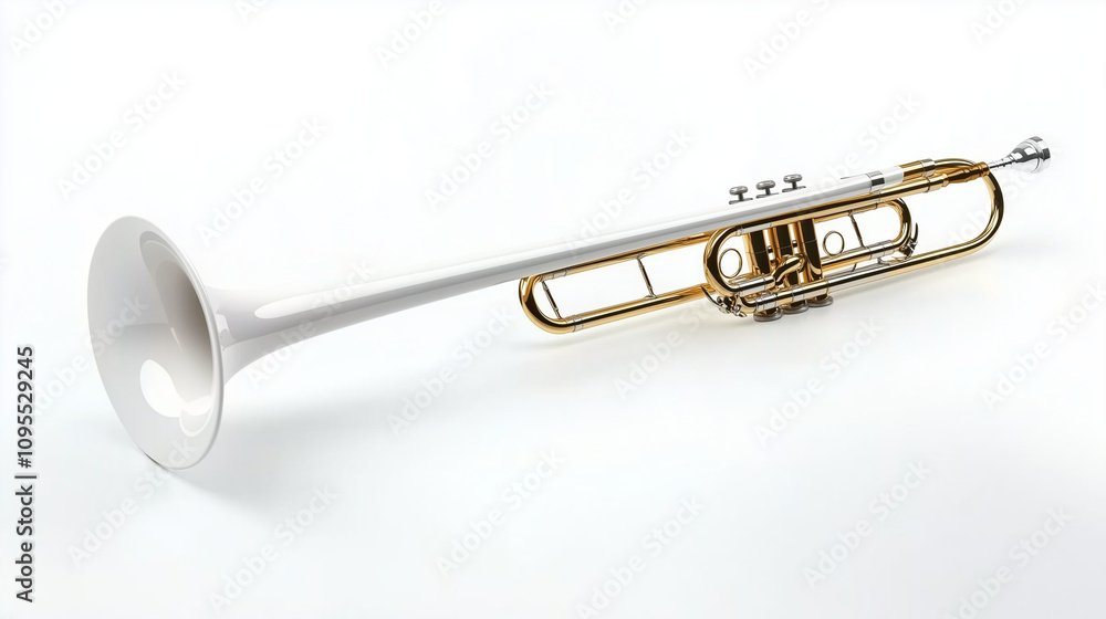 A shiny white trombone, sleek and polished, isolated on a white background with details of its brass tubing emphasized. A shiny white trombone, sleek and polished, isolated on a white background with details of its brass tubing emphasized.