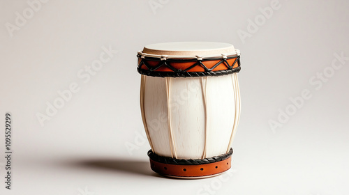 A white tambora drum with leather surface and decorative accents, isolated on a white background, focusing on its traditional design. photo