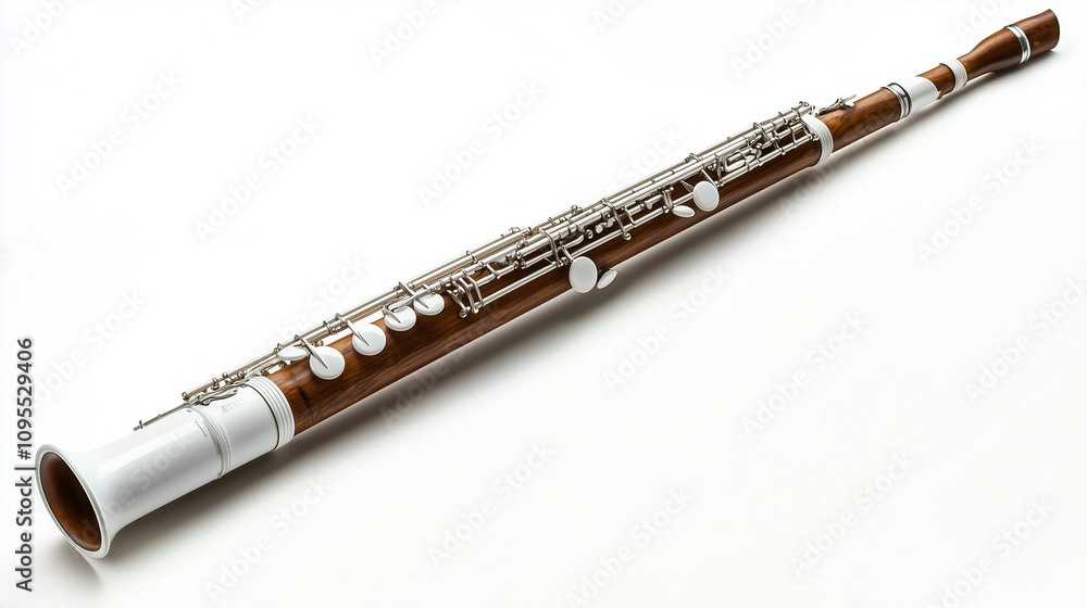 Naklejka premium A white bassoon with intricate keywork and wooden texture, isolated on a bright white background for a sophisticated look.
