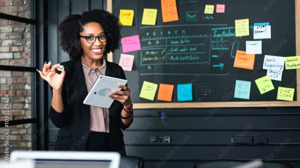 Businesswoman using a whiteboard during a strategy session, showcasing planning and organization Businesswoman using a whiteboard during a strategy session, showcasing planning and organization
