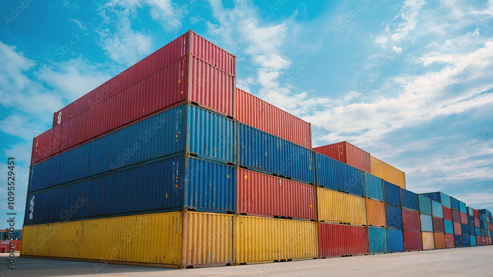 Colorful shipping containers stacked high under a bright blue sky.. Colorful shipping containers stacked high under a bright blue sky..