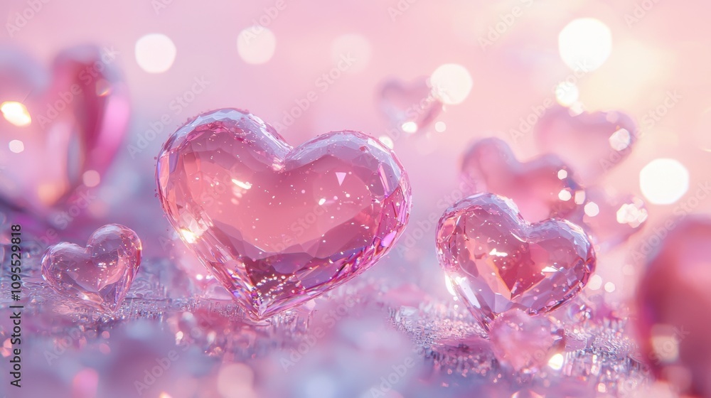 Fototapeta premium Surreal arrangement of glass-like heart sculptures in pink and white hues, varying in size with glowing reflections, set against a dreamy pink background with subtle bokeh