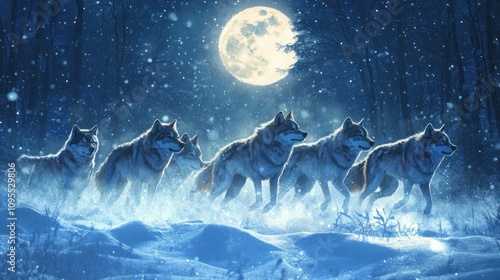 Wallpaper Mural A pack of wolves walks through a snowy landscape under a full moon, creating a mystical atmosphere. Torontodigital.ca