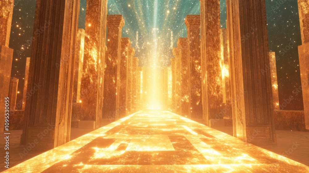 Obraz premium A glowing pathway through ancient pillars leading to a radiant light source.