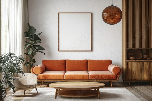 A mid century modern interior in the living room with a minimalist, orange sofa and wood table and wood cabinet. Generative AI
