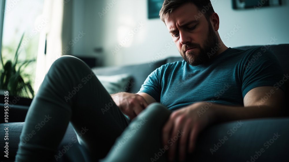 Close-up of a man holding his inflamed foot arch, a slightly pained expression on his face, seated comfortably on a home sofa. Close-up of a man holding his inflamed foot arch, a slightly pained expression on his face, seated comfortably on a home sofa.