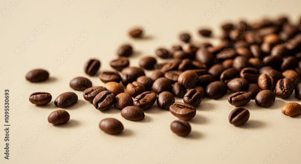 A volume of coffee beans scattered across a pale beige backdrop A volume of coffee beans scattered across a pale beige backdrop