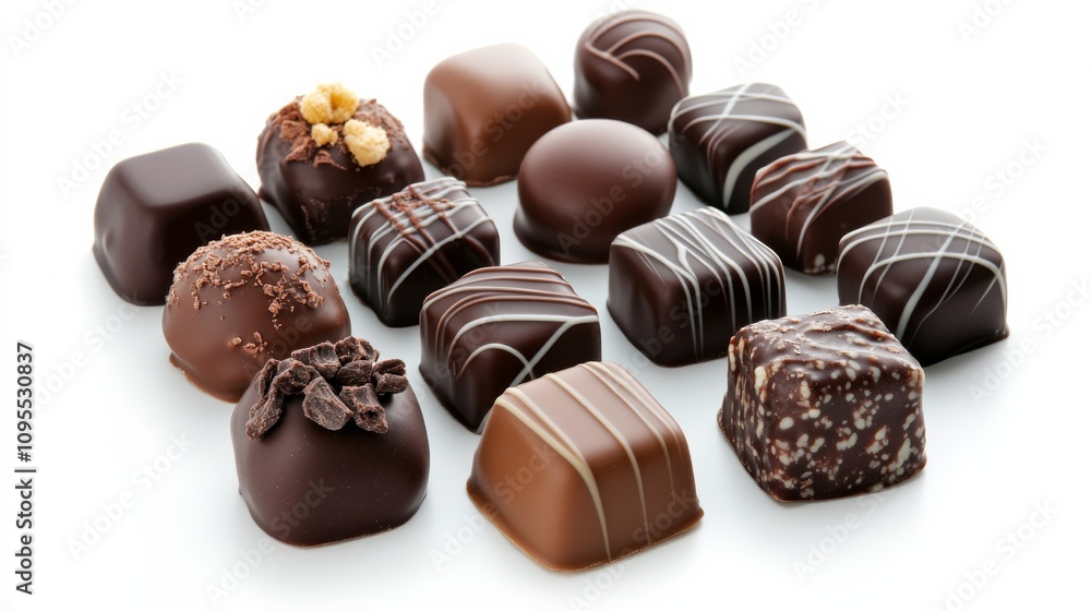 A delectable assortment of artisanal chocolates filled with creamy ganache, Each chocolate's intricate design and velvety center captured with precision A delectable assortment of artisanal chocolates filled with creamy ganache, Each chocolate's intricate design and velvety center captured with precision