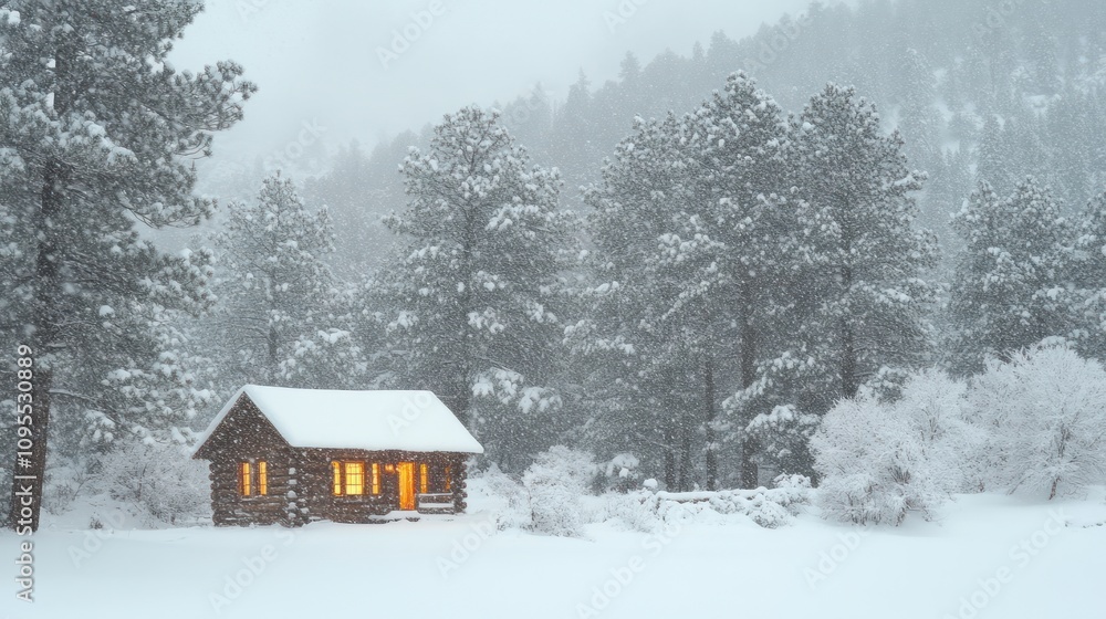 A cozy cabin in a snowy landscape, illuminated warmly amidst falling snow. A cozy cabin in a snowy landscape, illuminated warmly amidst falling snow.
