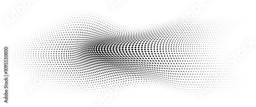 Flowing Wave Dot Halftone Pattern: Curve Gradient Shape on Transparent Background. Suitable for AI, Tech, Network, Digital, Science, and Technology Themes.