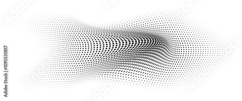 Flowing Wave Dot Halftone Pattern: Curve Gradient Shape on Transparent Background. Suitable for AI, Tech, Network, Digital, Science, and Technology Themes.