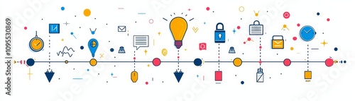 A colorful timeline graphic featuring various icons representing concepts like innovation, security, and data, ideal for illustrating progress or project phases.