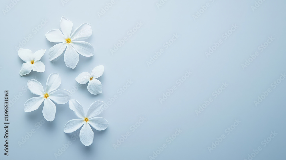 Delicate white jasmine blossoms with subtle petals arranged on soft blue background create serene and calming atmosphere Delicate white jasmine blossoms with subtle petals arranged on soft blue background create serene and calming atmosphere