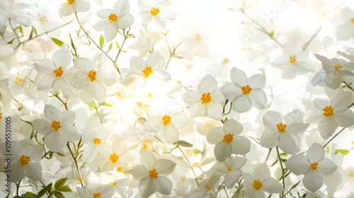 Beautiful jasmine flowers with white petals and yellow centers create serene and tranquil atmosphere, perfect for nature lovers and floral enthusiasts