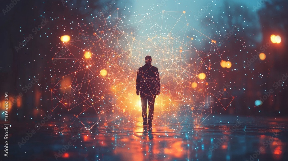 A solitary figure walks through a vibrant, rain-soaked street illuminated by glowing lights, creating a mysterious and atmospheric scene. A solitary figure walks through a vibrant, rain-soaked street illuminated by glowing lights, creating a mysterious and atmospheric scene.
