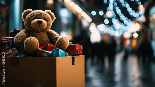 A brightly colored donation box bursting with toys, a plush teddy bear atop the pile, positioned in a warmly lit community center, perfect for a holiday giving campaign.