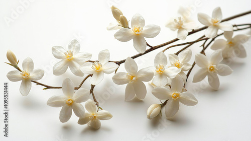Beautiful jasmine flowers with delicate white petals and yellow centers create serene and elegant display, perfect for enhancing any floral arrangement or decoration