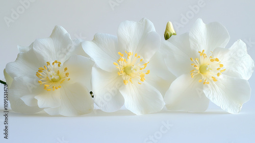Pure beauty of jasmine blossoms with white petals and yellow centers, showcasing delicate floral details that evoke sense of tranquility and elegance