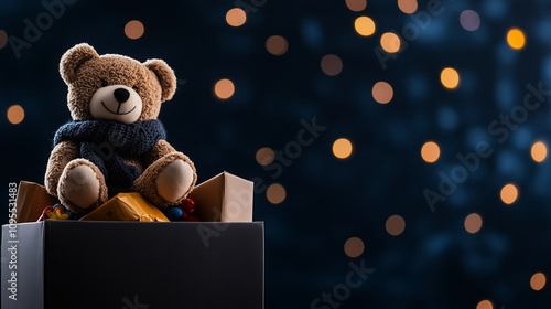 A holiday-themed donation box overflowing with toys, a teddy bear on top with a little scarf, surrounded by cheerful decorations, emphasizing generosity and kindness. photo