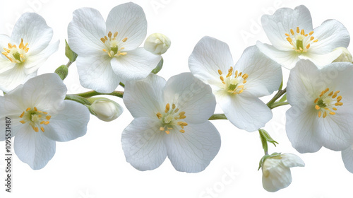 Jasmine flowers with white petals and yellow centers create serene and delicate arrangement, perfect for adding touch of elegance to any design