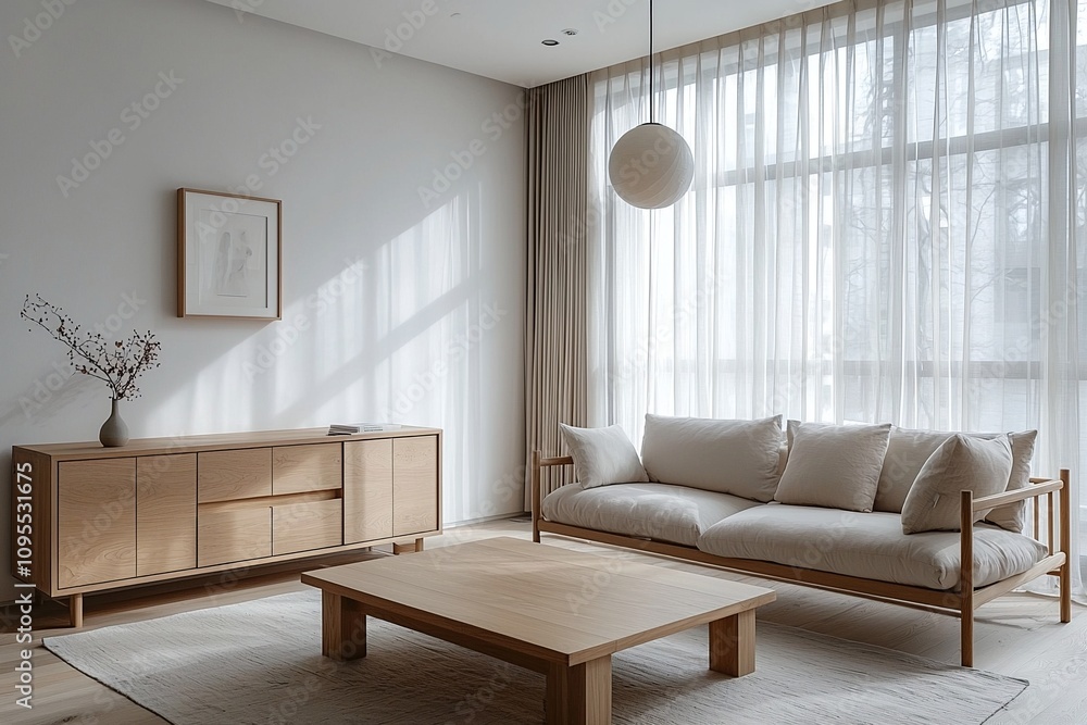 Fototapeta premium Minimalist, modern japandi interiors in living rooms with sofas and wood furniture. Generative AI 