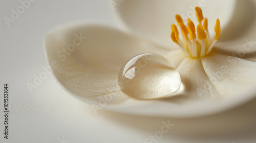 water droplet rests on delicate jasmine petal, showcasing its smooth surface and vibrant yellow center. serene composition evokes sense of tranquility and beauty