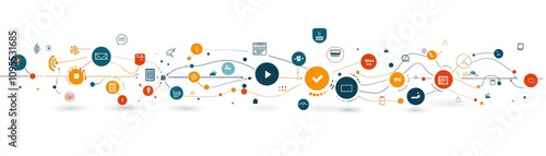 A colorful infographic illustrating interconnected data points, symbols, and icons representing technology, communication, and information flow.