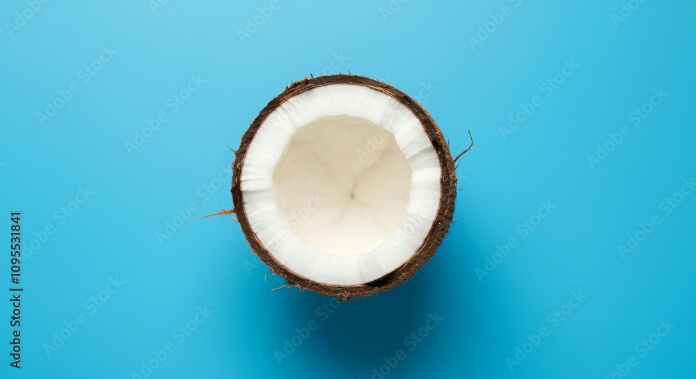 Fototapeta premium Flat lay of halved coconut placed on a sky-blue background
