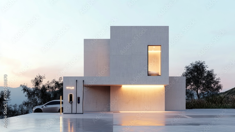 Modern Minimalist House with Clean Lines and Soft Lighting at Dusk, Showcasing an Elegant Architectural Design in a Serene Outdoor Setting Modern Minimalist House with Clean Lines and Soft Lighting at Dusk, Showcasing an Elegant Architectural Design in a Serene Outdoor Setting