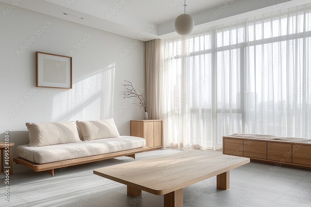 Fototapeta premium Minimalist, modern japandi interiors in living rooms with sofas and wood furniture. Generative AI