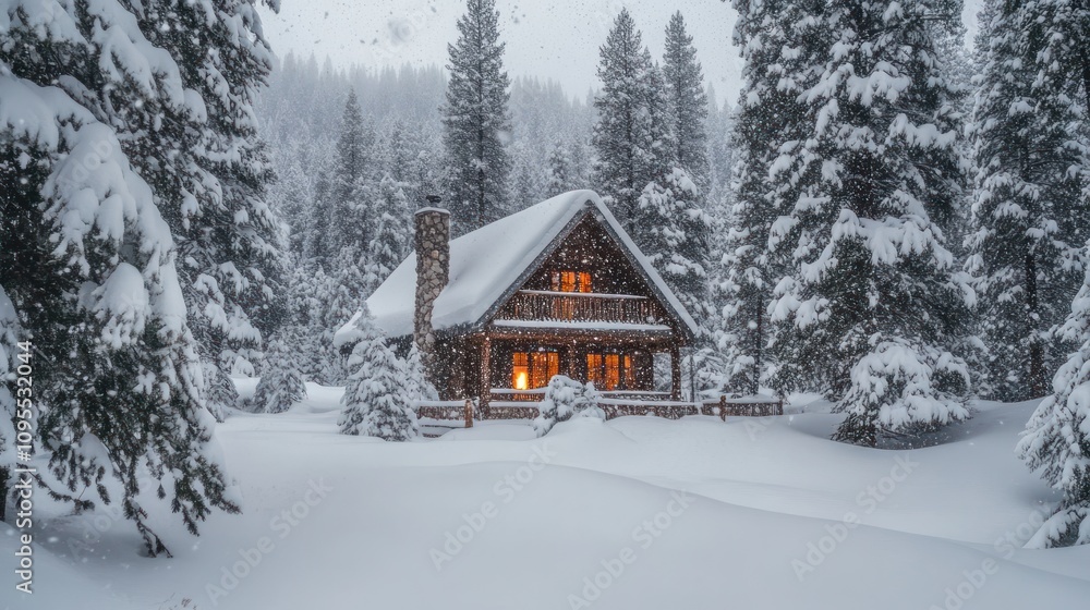 A cozy cabin surrounded by snow-covered trees, evoking warmth in a winter landscape. A cozy cabin surrounded by snow-covered trees, evoking warmth in a winter landscape.