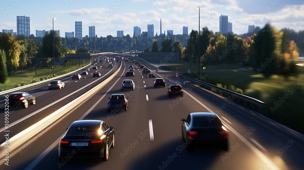 A sprawling suburban highway under a clear sky, with blurred cars creating a dynamic sense of movement. A sprawling suburban highway under a clear sky, with blurred cars creating a dynamic sense of movement.
