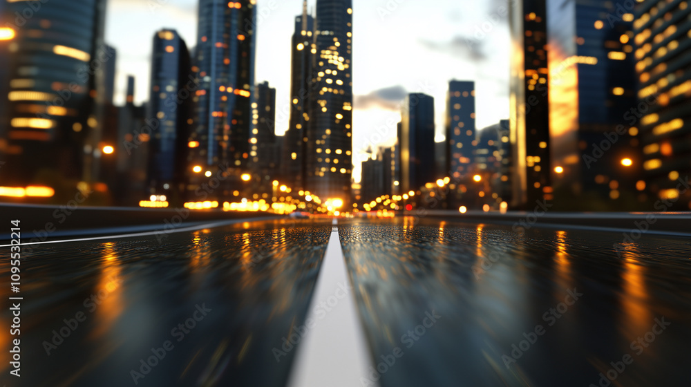 A blurred perspective of a highway leading into a sprawling cityscape, with towering buildings illuminated by golden hour light. A blurred perspective of a highway leading into a sprawling cityscape, with towering buildings illuminated by golden hour light.
