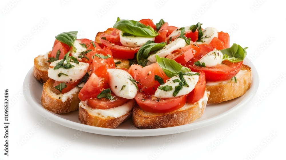 A delicious plate of caprese bruschetta with toasted bread, sliced tomatoes, fresh mozzarella A delicious plate of caprese bruschetta with toasted bread, sliced tomatoes, fresh mozzarella