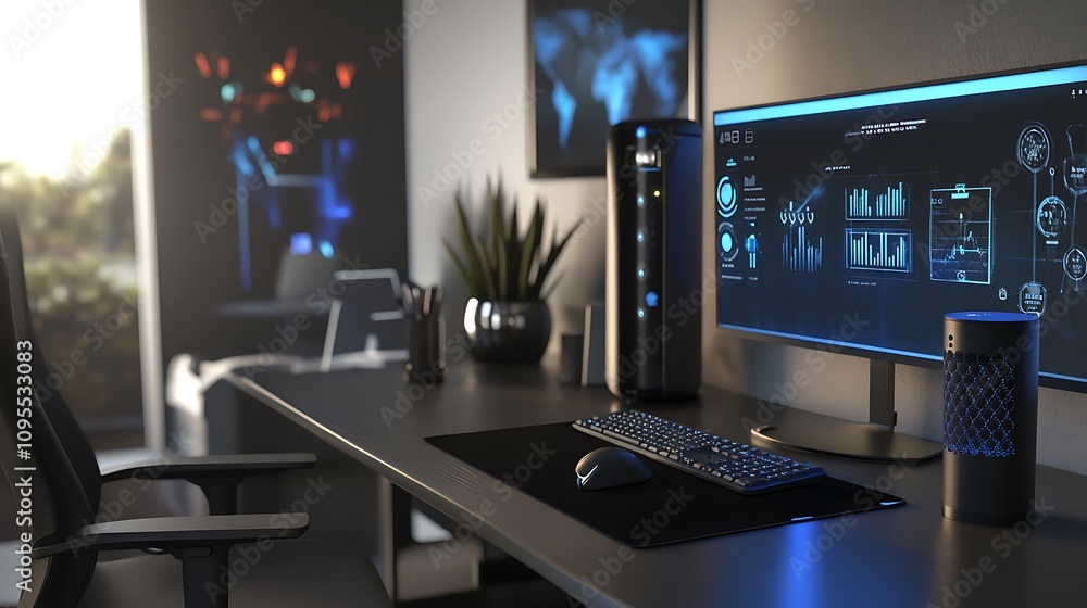A modern workspace featuring a computer, monitor, and smart device in a tech-oriented environment. A modern workspace featuring a computer, monitor, and smart device in a tech-oriented environment.