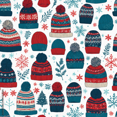 set a cute winter knitting hat on white background. seamless pattern. photo