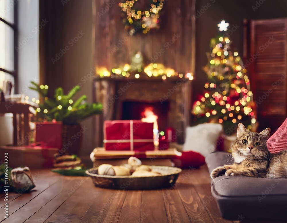 Lindo gato acostado en casa en Nochebuena Lindo gato acostado en casa en Nochebuena