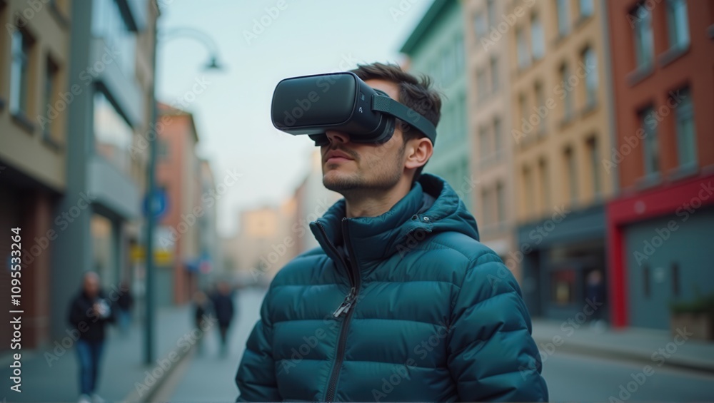 Man with obscured face wearing VR headset on urban street, technology and innovation concept. Generative, AI, Man with obscured face wearing VR headset on urban street, technology and innovation concept. Generative, AI,