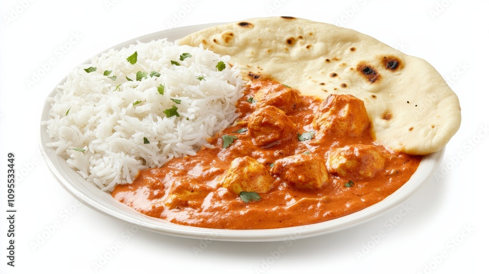 A delicious plate of chicken tikka masala served with fluffy basmati rice and warm naan bread, Each tender chicken piece and creamy tomato sauce captured with precision A delicious plate of chicken tikka masala served with fluffy basmati rice and warm naan bread, Each tender chicken piece and creamy tomato sauce captured with precision