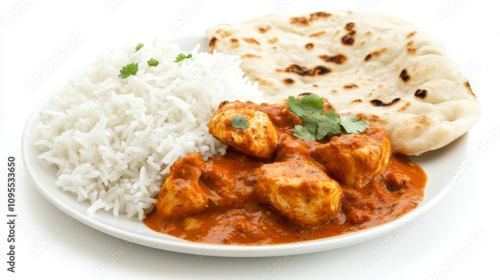 A delicious plate of chicken tikka masala served with fluffy basmati rice and warm naan bread, Each tender chicken piece and creamy tomato sauce captured with precision A delicious plate of chicken tikka masala served with fluffy basmati rice and warm naan bread, Each tender chicken piece and creamy tomato sauce captured with precision
