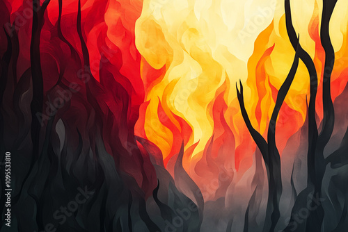 A powerful abstract artwork of a wildfire, with swirling flames, smoke and blackened tree silhouettes in vibrant red and yellow hues. Climate change concept.