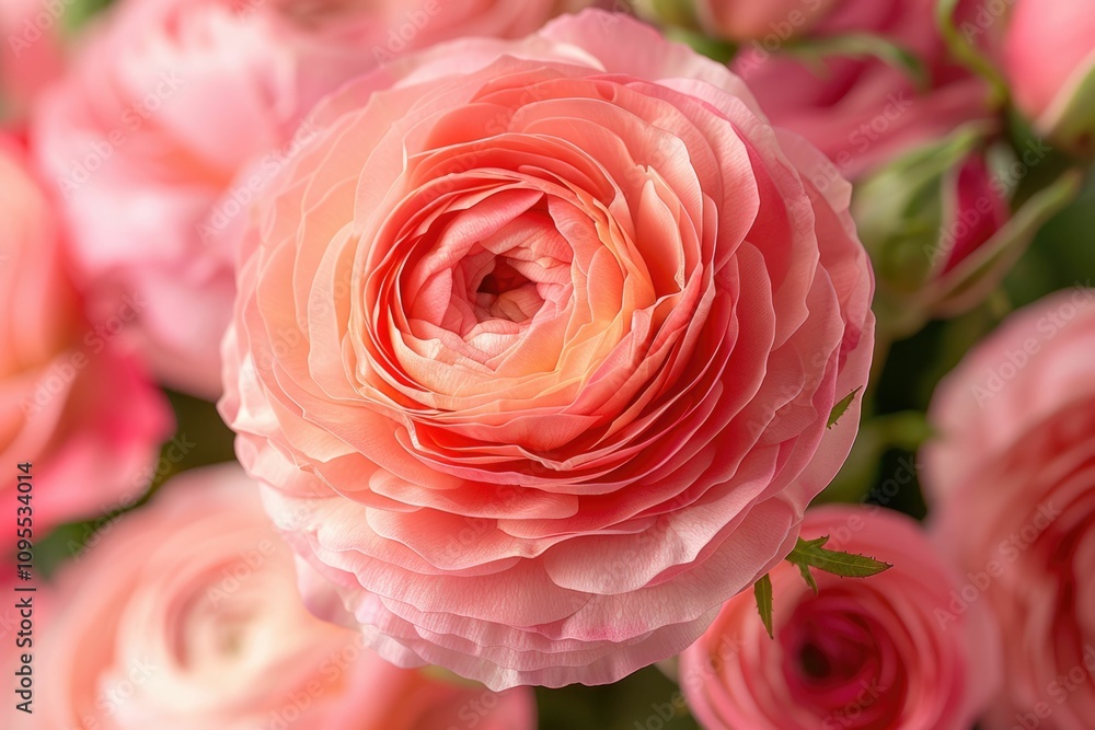 Close up of soft baby pink rose petals and ranunculus flower. Close up of soft baby pink rose petals and ranunculus flower.